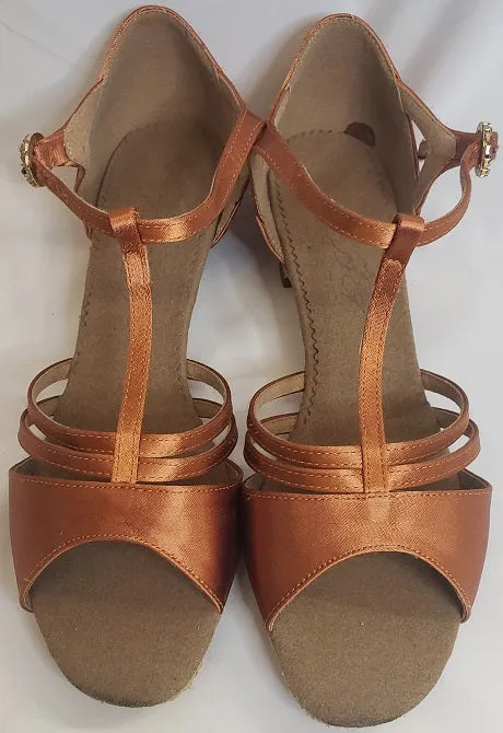 1.33" Sabra -- Block Heel Latin Sandal -- Dark Tan Satin Global Cool sports