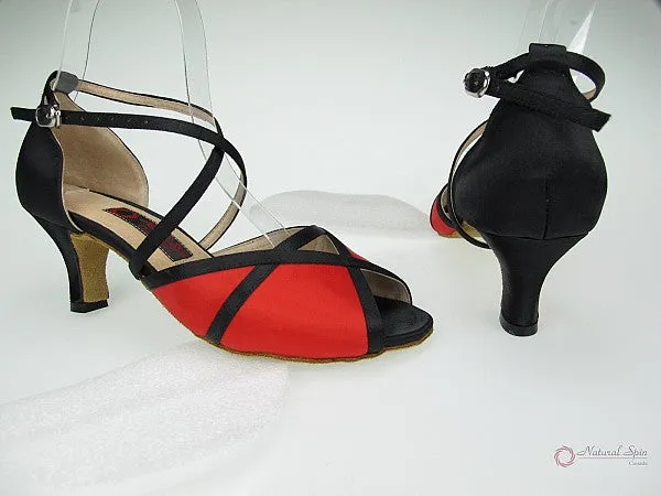 2.25" Molly -- Wide Heel Latin Sandal -- Black Satin/Red Satin Global Cool