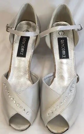 Padded collar Season Ease 2.38" Anara - Closed Back/Open Toe Ballroom Shoe -- Silver Satin
