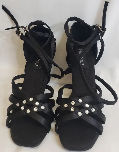 Heritage Line quick dry 2.38" Brandy -- Flare Heel Latin Sandal -- Black Satin