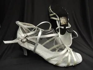 Grace Walk Slip Resistant All Weather 2.38" Brandy -- Flare Heel Latin Sandal -- Silver Satin
