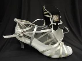 Ventilated Design 2.38" Brandy -- Flare Heel Latin Sandal -- Silver Satin