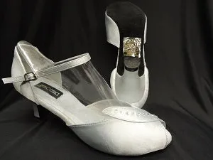Corner Style water proof 2.38" Charlotte -- Closed Back/Open Toe Ballroom Shoe -- Silver Satin