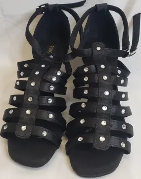 2.38" Shamie -- Flare Heel Latin Sandal -- Black Satin Canvas Cool City Run