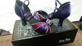2.5" Blanche -- Wide Heel Latin Sandal -- Purple Satin/Purple Glitter Block Walk