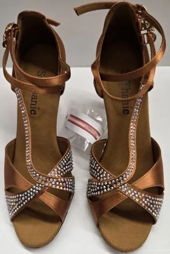 2.5" Dominique -- Women's Gold Flare Heel Latin Sandal -- Dark Tan Satin/Gold Heel Slip Resistant