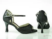 Cool Pop Street Mood 2.5" Katie -- Flare Heel Latin Sandal -- Black Foil Crepe/Black Patent PU with Black Patent Heel