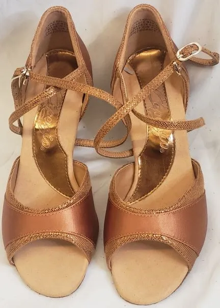 2.5" Nadia -- Women's Flare Heel Latin Sandal -- Cinnamon Satin Clear Glow Sweat Resistant Gym Workout