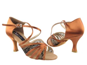 Buckle Fit 2.5" Rosanna -- Women's Flare Heel Latin Sandal -- Dark Tan Satin/Black Lace