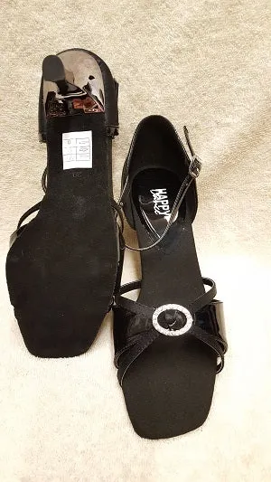 2.5" Savannah -- Flare Heel Latin Sandal -- Black Satin/ & Black Patent/Dark Silver Heel All Terrain Urban Walkers