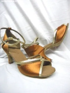 Strong Grip 2.5" Shantal -- Flare Heel Latin Sandal -- Dark Tan Satin/Gold Trim