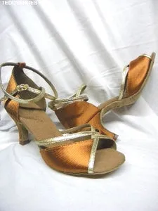 Cold Guard 2.5" Shantal -- Flare Heel Latin Sandal -- Dark Tan Satin/Gold Trim