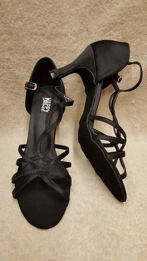 2.75" Rihanna - Flare Heel Latin Sandal -- Black Satin Ankle Support