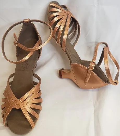 Dark Edge 2" Sadie -- Wide Heel Latin Sandal -- Tan Satin