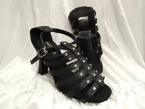 Lace Up 3.38" Brittany -- Flare Heel Latin Sandal -- Black Satin