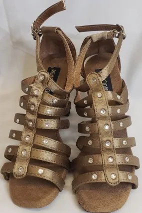 photo shoot 3.38" Brittany -- Flare Heel Latin Sandal -- Bronze Satin