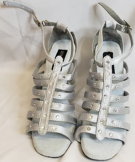 Breath Fresh 3.38" Brittany -- Flare Heel Latin Sandal -- Silver Satin