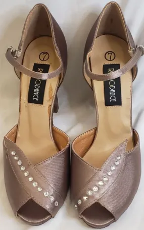 3.38" Hilda -- Closed Back/Open Toe Ballroom Shoe -- Bronze Satin Foot Glow Party Mood