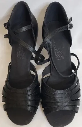 Supportive Core Weekend Warriors All Day Beach Walk 3.38" Julia -- Flare Heel Latin Sandal -- Black Satin