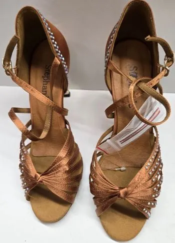 3.5" Aurora -- Women's Gold Flare Heel Latin Sandal -- Dark Tan Satin Weekend Casual