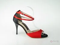 Daily Walk 3.5" Juanita -- Ultra Slim Heel Latin Sandal -- Red & Black Satin with Black Patent Heel