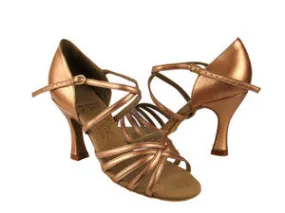 Comfort Wedge Moist Guard 3.5" Olivia -- Flare Heel Latin Sandal -- Dark Tan Satin