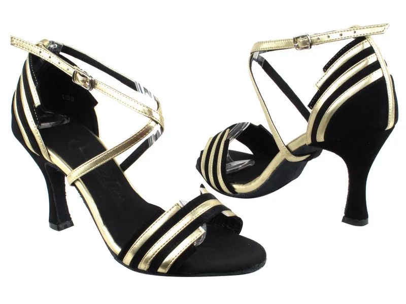 3" Brianna -- Women's Flare Heel Latin Sandal -- Black Suede/Gold Bounce Edge