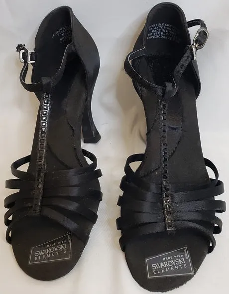 heel cup Fast Go 3" Crystal Danielle -- Flare Heel Latin Sandal -- Black Satin