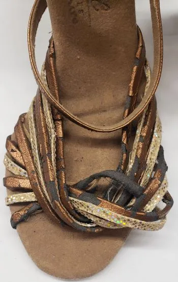 3" Jessica -- Flare Heel Latin Sandal -- Gold Scale/Dark Tan Fast Go