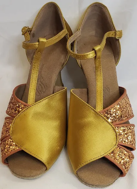3" Maureen -- Flare Heel Latin Sandal -- Tan Satin/Dark Tan Glitter All Day Road Trip