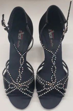 3" Rosaly -- Women's Latin Ballroom Sandal -- Black Satin Runway Glow Sturdy Build