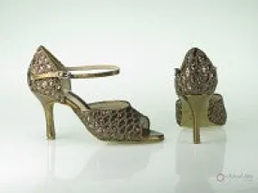 3" Lana -- Slim Heel Latin Sandal -- Brown Net Glitter & Bronze Embossed PU Low Top