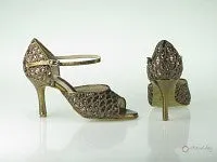 Padded collar Pack Safe 3" Lana -- Slim Heel Latin Sandal -- Brown Net Glitter & Bronze Embossed PU