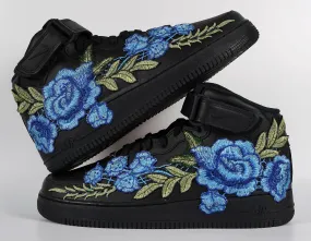 Family Fit Classic Chic Air Force 1 Custom Mid Blue Rose Shoes Flower Floral Black All Sizes Men Women Kids AF1 Sneakers