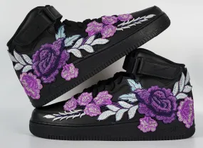 Impact Resistance Air Force 1 Custom Mid Purple Rose Shoes Flower Floral Black All Sizes Men Women & Kids AF1 Sneakers