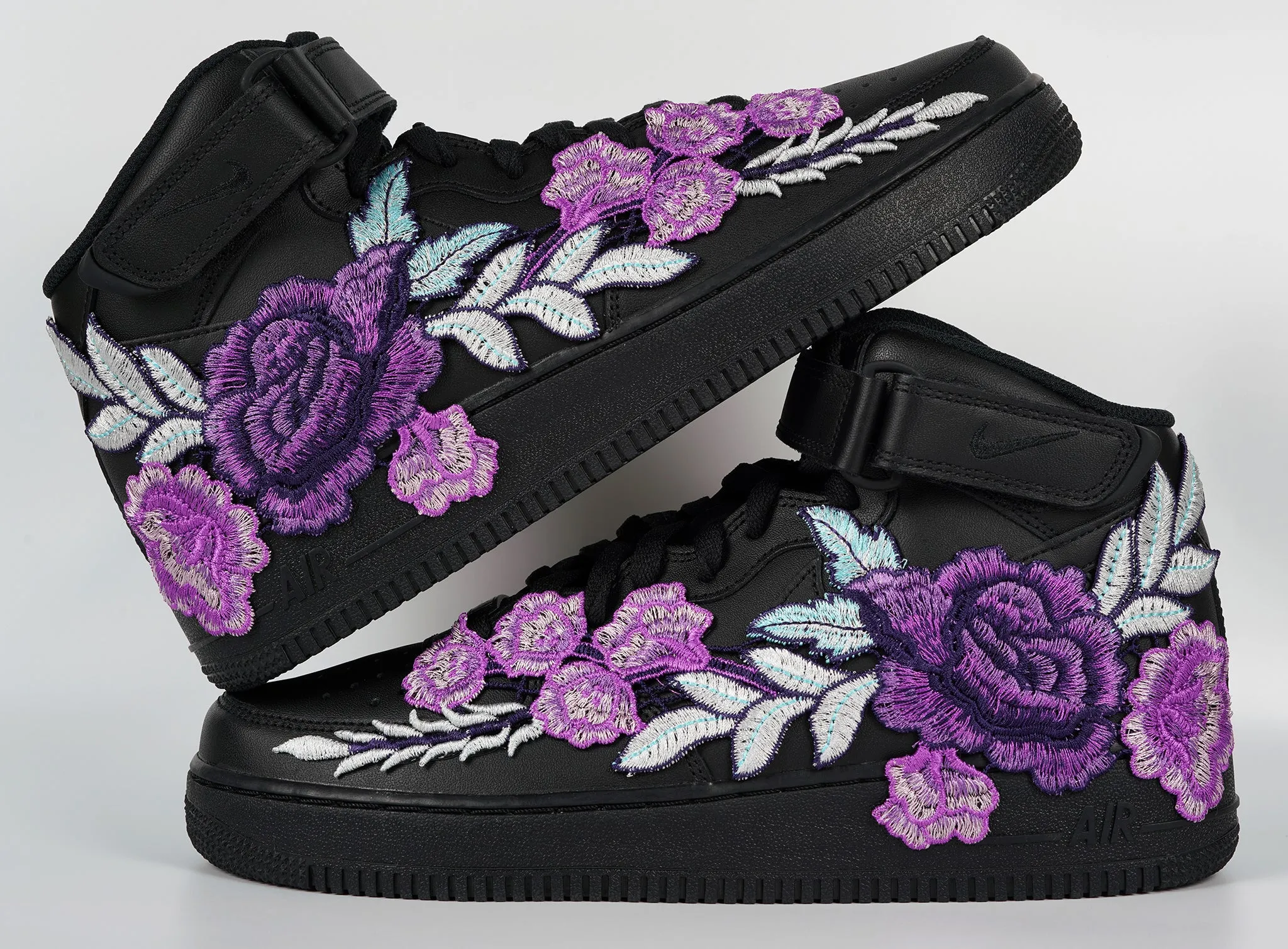 Impact Resistance Air Force 1 Custom Mid Purple Rose Shoes Flower Floral Black All Sizes Men Women & Kids AF1 Sneakers