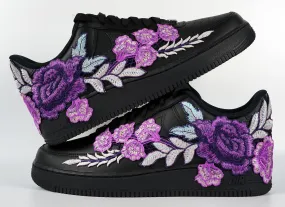 Air Force 1 Custom Purple Rose Shoes Flower Floral Black Low Men Women & Kids All Sizes AF1 Sneakers Cotton Base Strap Mode