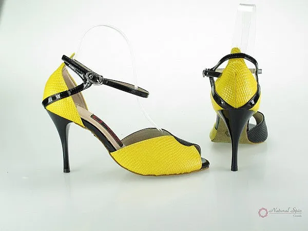 Flexible Sole Style Base 3.5" Irene -- Ultra Slim Heel Latin Sandal -- Yellow/ Black Snake Paint PU with Black Patent Heel