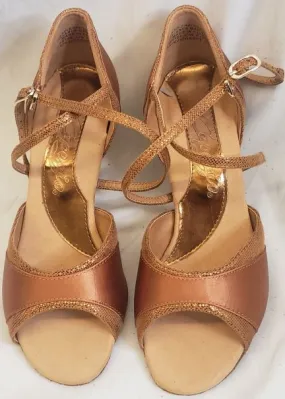 Anti Bacterial 2.5" Nadia -- Women's Flare Heel Latin Sandal -- Cinnamon Satin