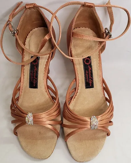 3" Nancy -- Flare Heel Latin Sandal -- Dark Tan Satin Season Ease