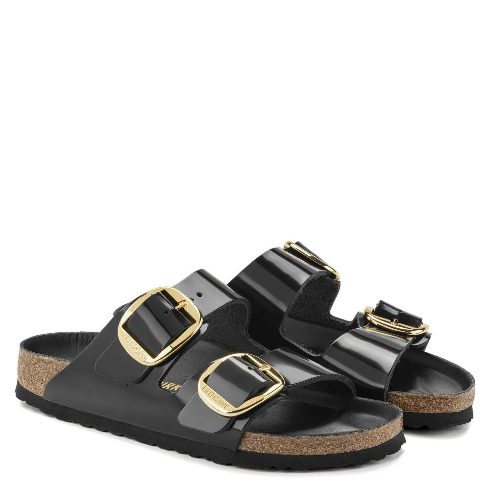 Comfortable Sole Functional Walking Shoes Birkenstock Women's Arizona Big Buckle Natural Leather Patent in High Shine Black Flawless Heels