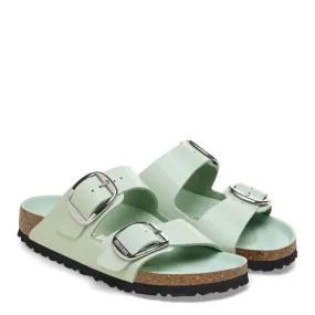 Non Slip Sole Birkenstock Women's Arizona Big Buckle Natural Leather Patent in High Shine Surf Green Soft and Practical