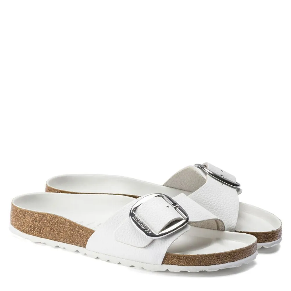 Birkenstock Women's Madrid Big Buckle Leather in White Elevated Sandal Heels Beach Ready