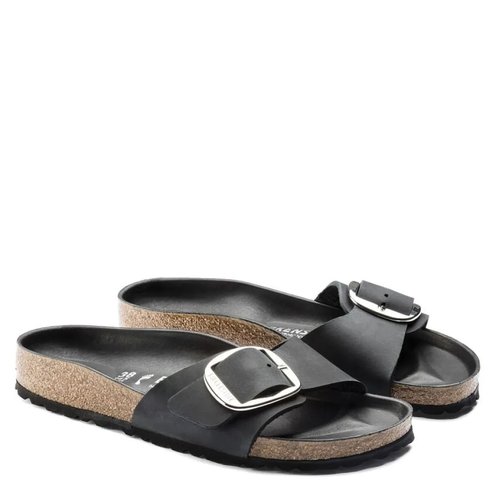 Birkenstock Women's Madrid Big Buckle Oiled Leather in Black Comfort Ready Casual Open Toe Shoes