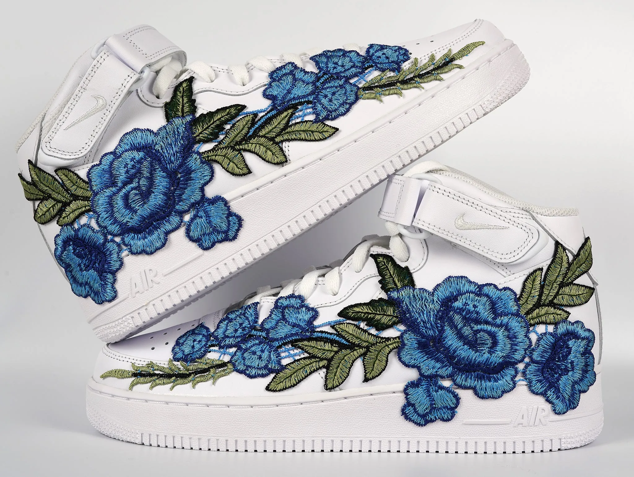 Air Force 1 Custom Mid Blue Rose Shoes Flower Floral White All Sizes Men Women & Kids AF1 Sneakers Storm Guard