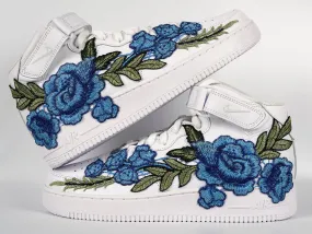 Air Force 1 Custom Mid Blue Rose Shoes Flower Floral White All Sizes Men Women & Kids AF1 Sneakers Storm Guard