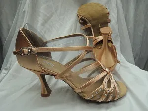 Height Plus 2.5" Hope -- Flare Heel Latin Sandal with Rhinestones -- Tan Satin