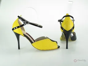 Supportive Ankle Support 3.5" Irene -- Ultra Slim Heel Latin Sandal -- Yellow/ Black Snake Paint PU with Black Patent Heel