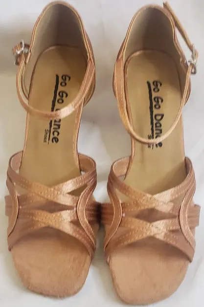 Calm Mood 2.5" Cynthia -- Women's Flare Heel Latin Sandal  -- Tan Satin