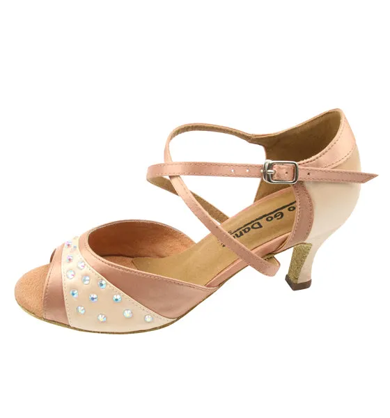 2.5" Doreen -- Flare Heel Latin Sandal -- Tan Satin Stretch Fabric Weekend Trip Fantasy Path